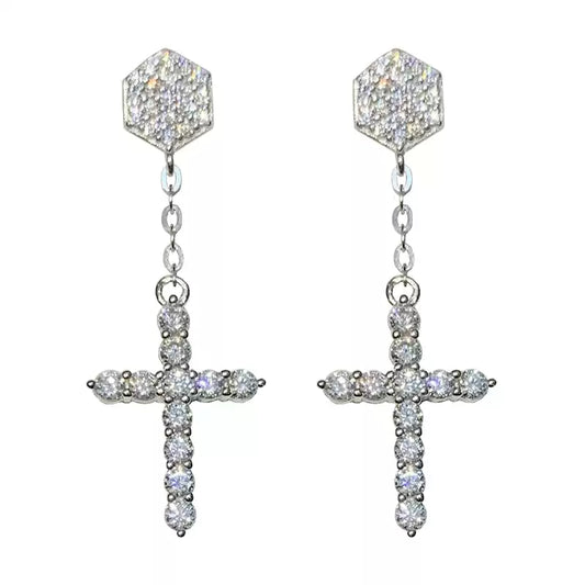 Sterling Silver Hexagon Pave CZ Cross Drop Earrings