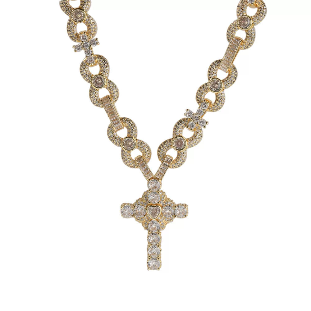 Sacred Heart Cross Pendant Iced Necklace