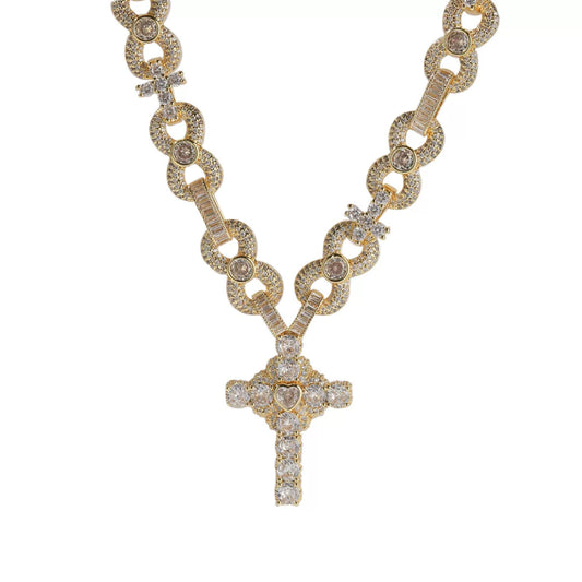 Sacred Heart Cross Pendant Iced Necklace