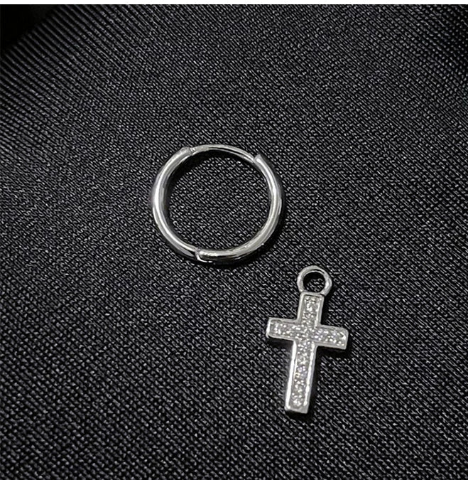 CZ Cross Charm Huggie Hoop Earrings