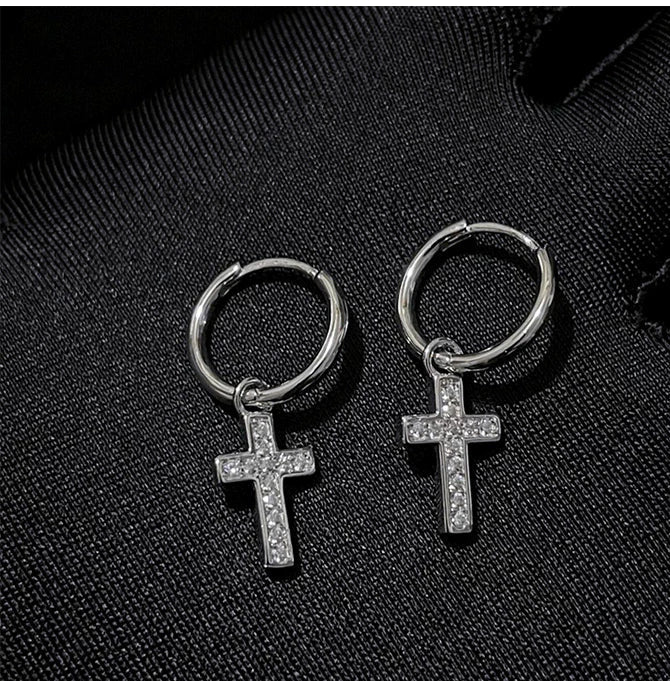 CZ Cross Charm Huggie Hoop Earrings