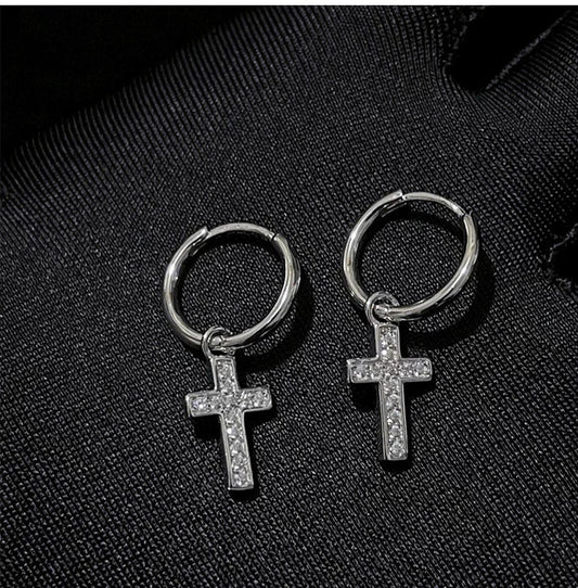 CZ Cross Charm Huggie Hoop Earrings