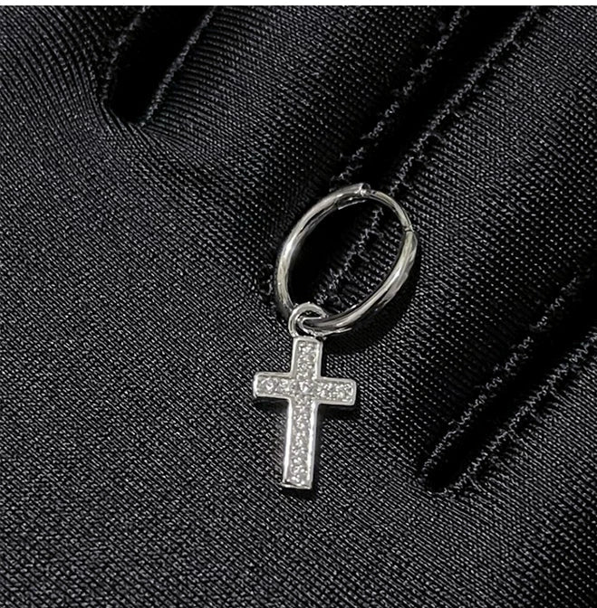CZ Cross Charm Huggie Hoop Earrings