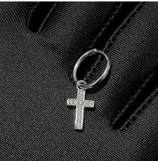 CZ Cross Charm Huggie Hoop Earrings