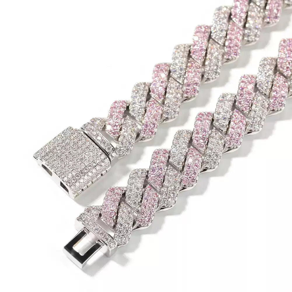 Pink & White Iced Cuban Link Bracelet