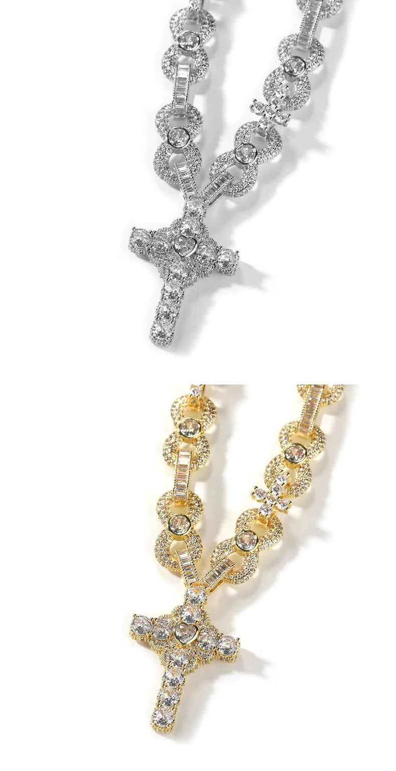 Sacred Heart Cross Pendant Iced Necklace