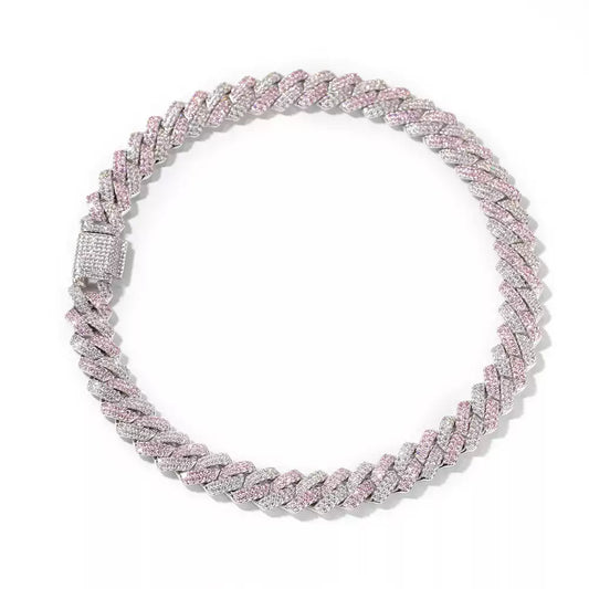 Pink & White Iced Cuban Link Bracelet