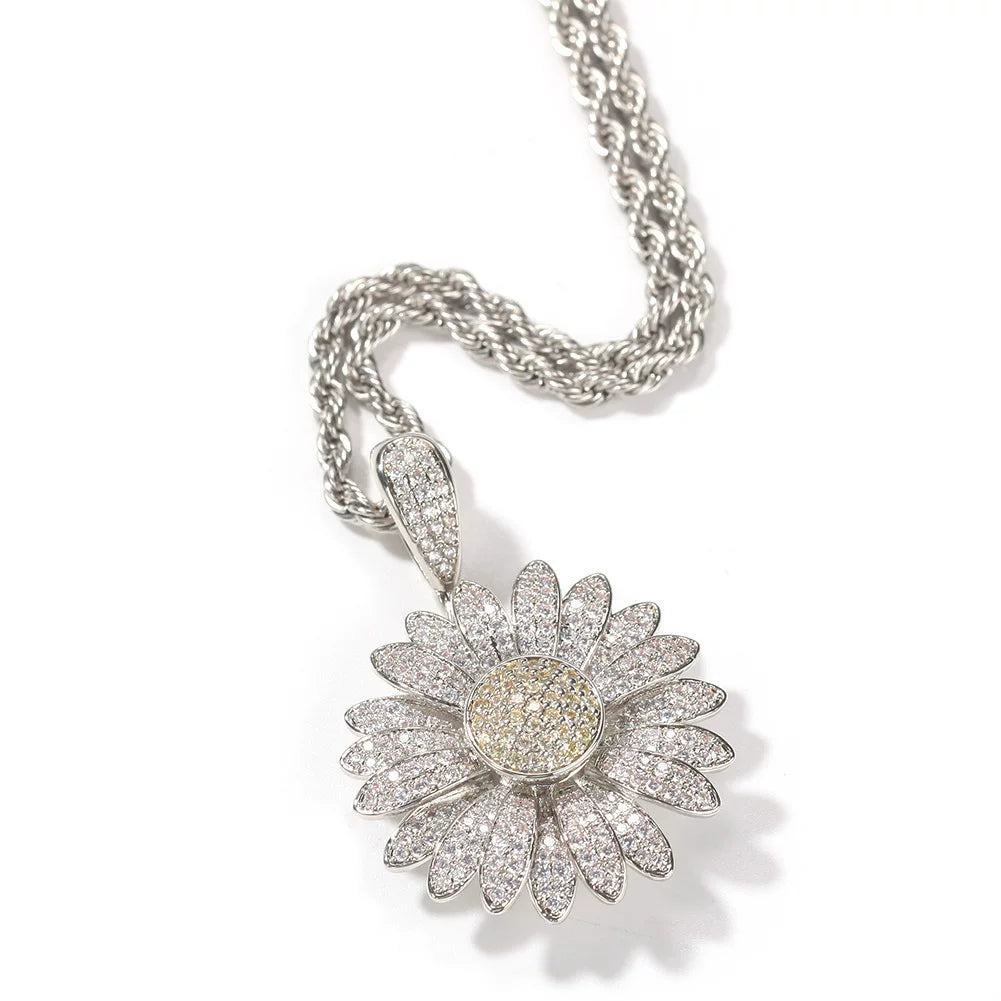 Iced Out Daisy Flower Pendant Necklace