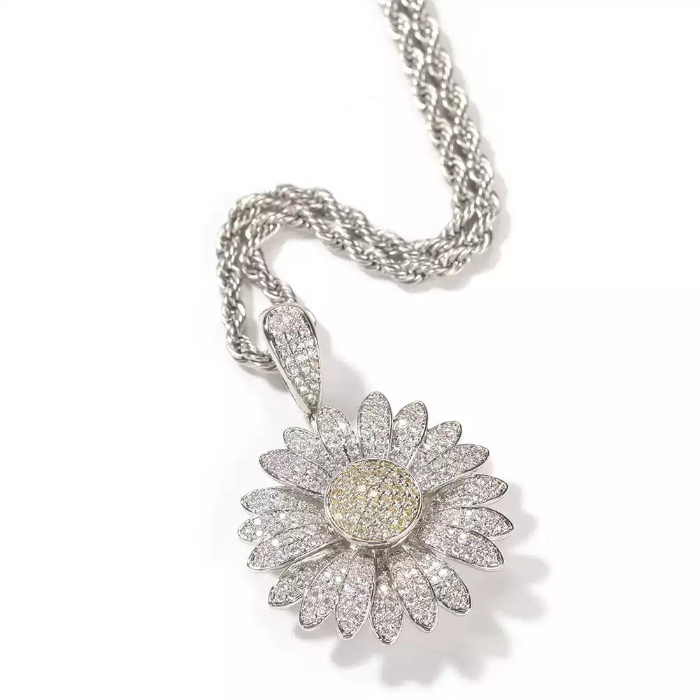 Iced Out Daisy Flower Pendant Necklace