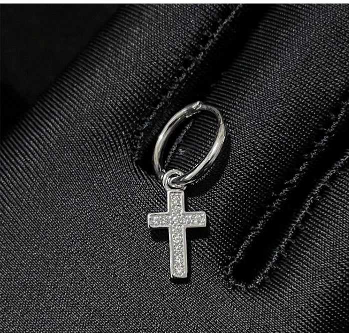 CZ Cross Charm Huggie Hoop Earrings