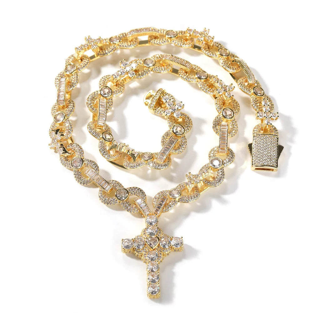 Sacred Heart Cross Pendant Iced Necklace