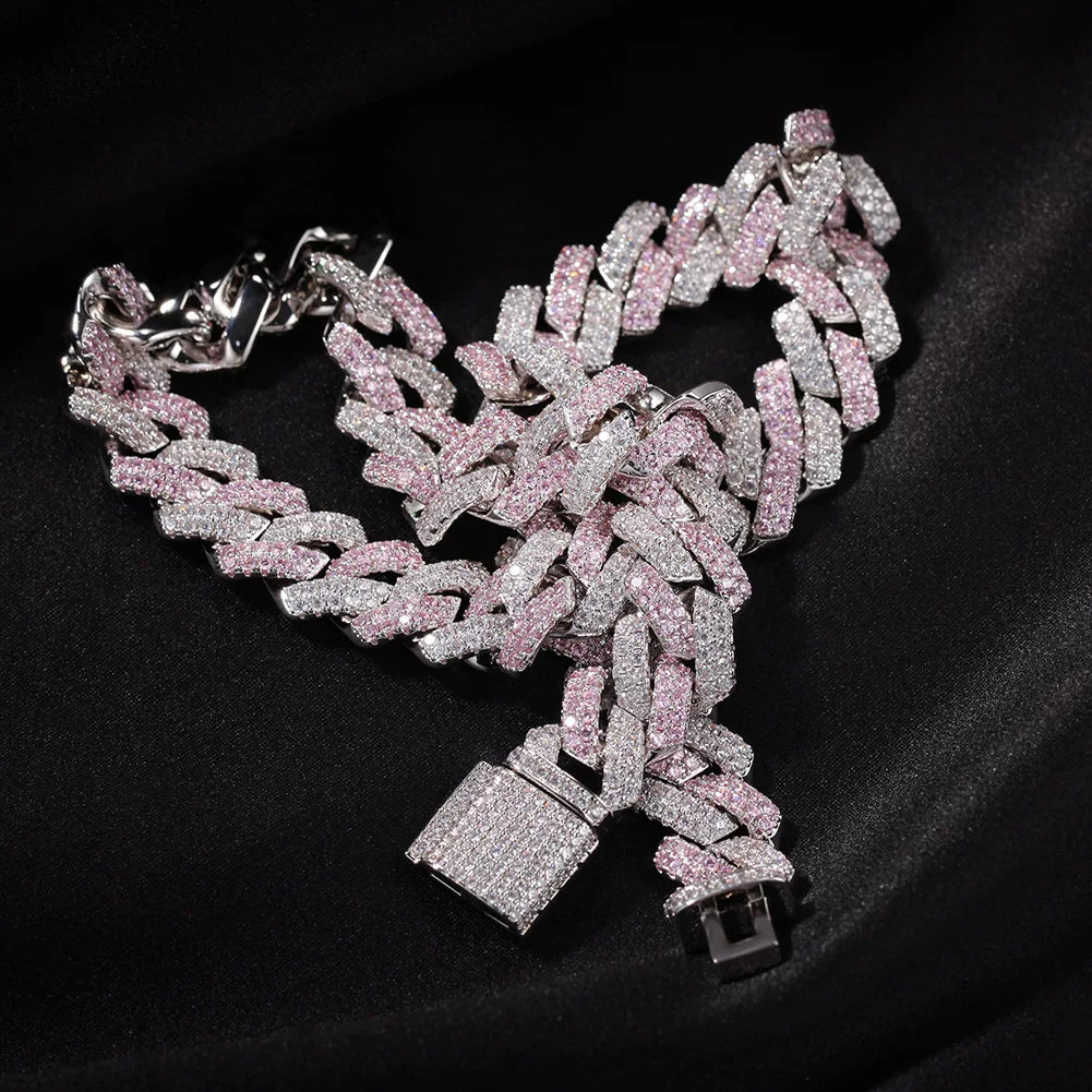 Pink & White Iced Cuban Link Chain Necklace
