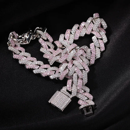 Pink & White Iced Cuban Link Chain Necklace