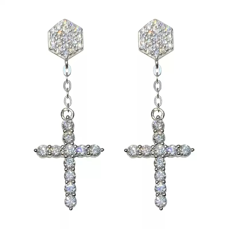 Sterling Silver Hexagon Pave CZ Cross Drop Earrings