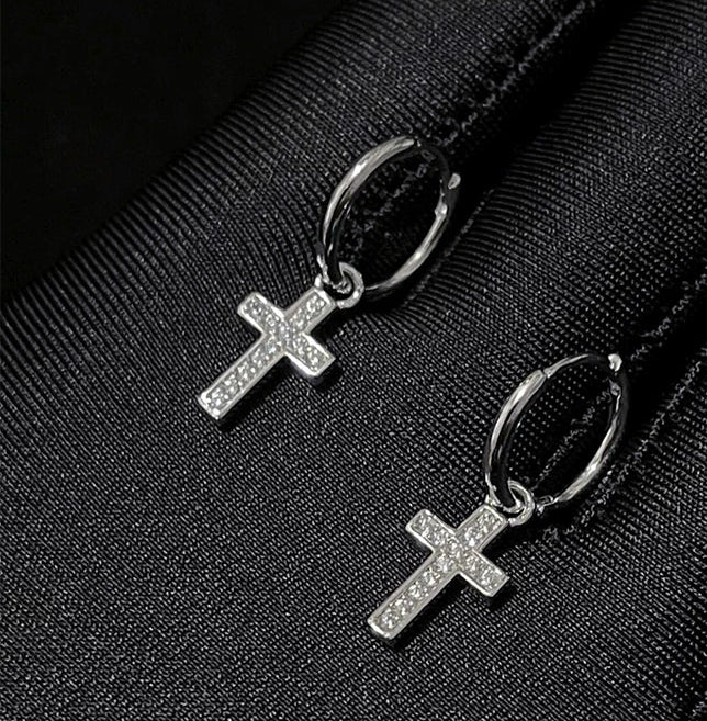 CZ Cross Charm Huggie Hoop Earrings
