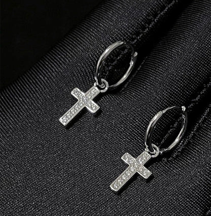 CZ Cross Charm Huggie Hoop Earrings