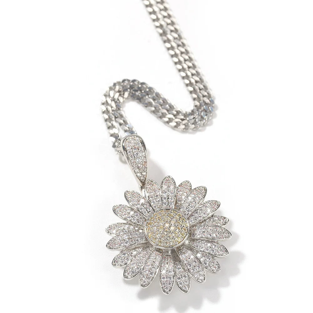 Iced Out Daisy Flower Pendant Necklace