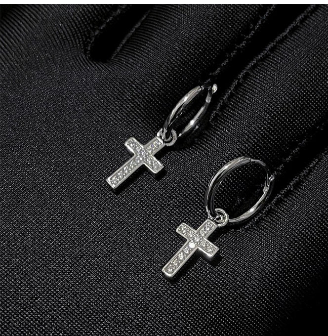 CZ Cross Charm Huggie Hoop Earrings