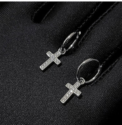 CZ Cross Charm Huggie Hoop Earrings