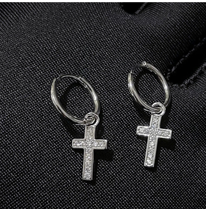CZ Cross Charm Huggie Hoop Earrings