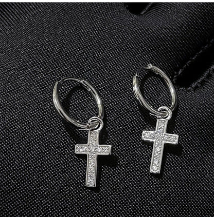CZ Cross Charm Huggie Hoop Earrings