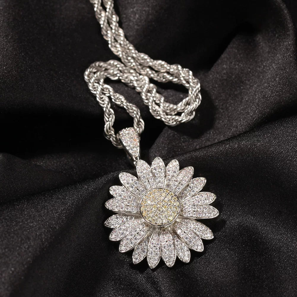 Iced Out Daisy Flower Pendant Necklace