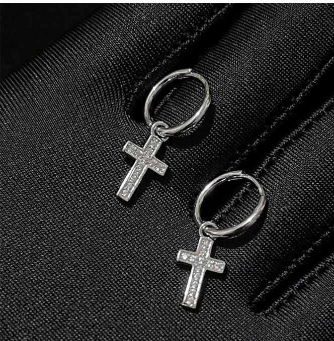 CZ Cross Charm Huggie Hoop Earrings
