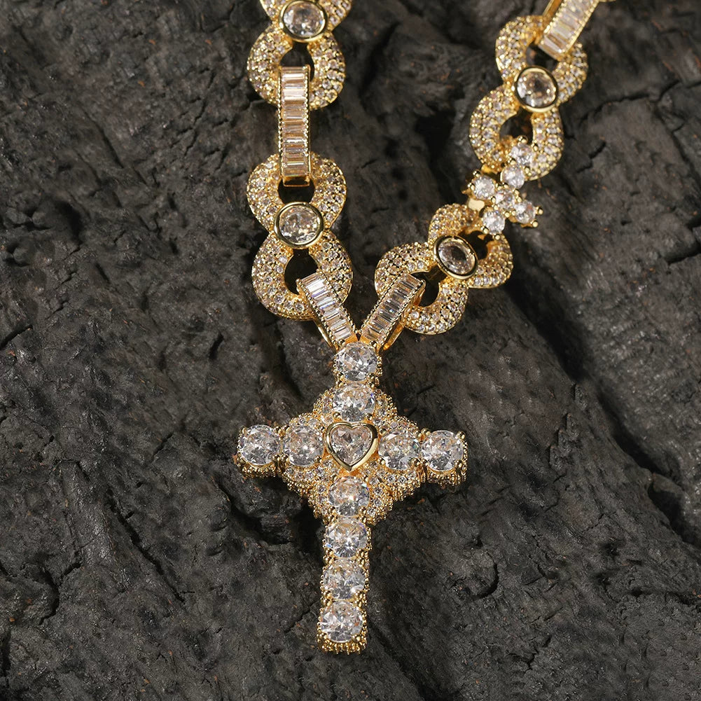 Sacred Heart Cross Pendant Iced Necklace