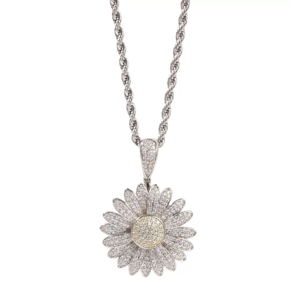 Iced Out Daisy Flower Pendant Necklace