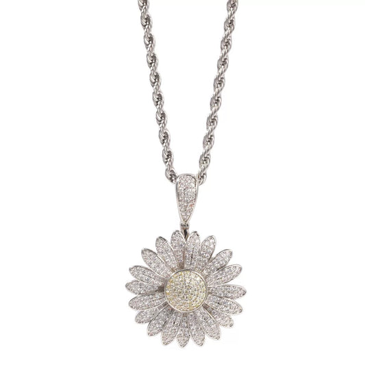 Iced Out Daisy Flower Pendant Necklace